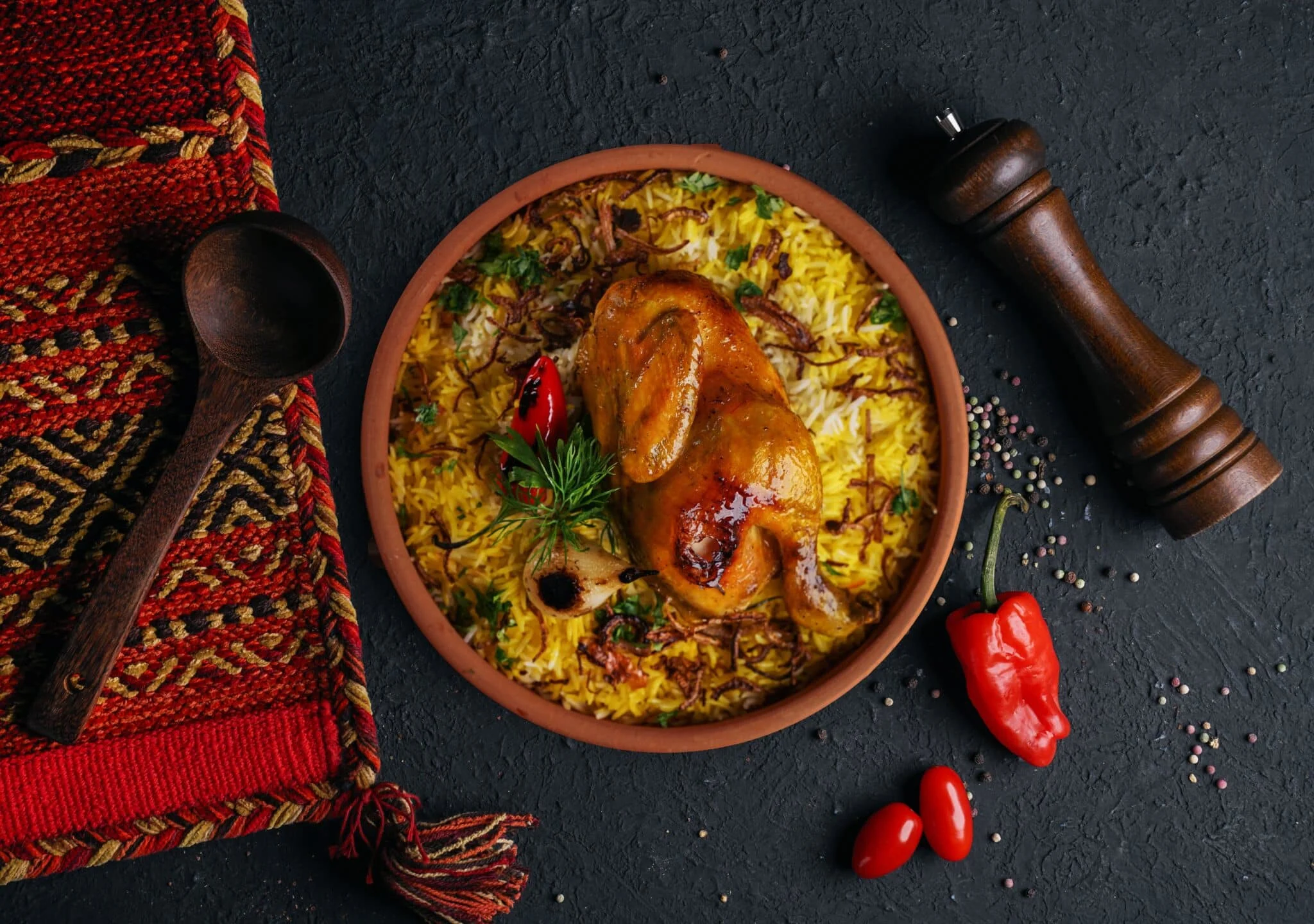 Gulf-style rice and chicken dish served with spices