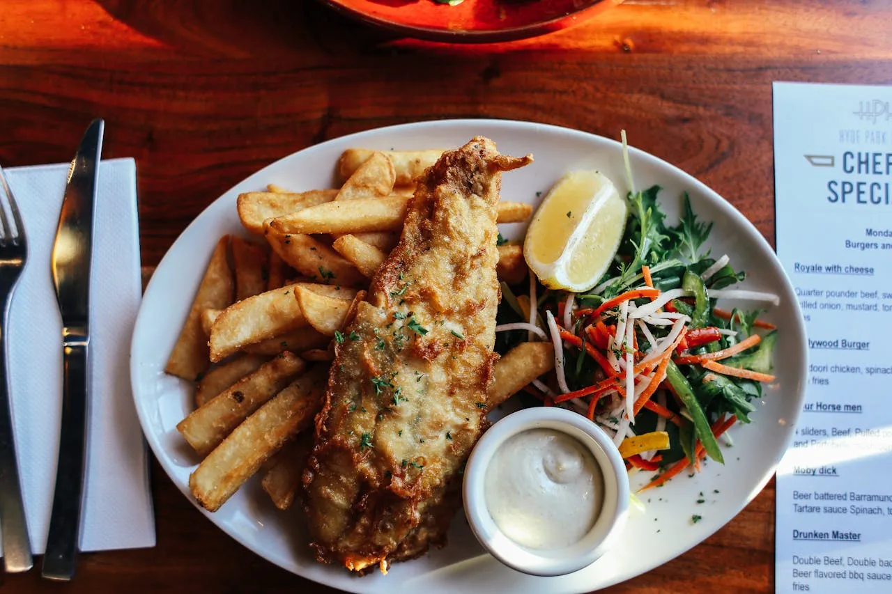 Fish and chips served in a London restaurant